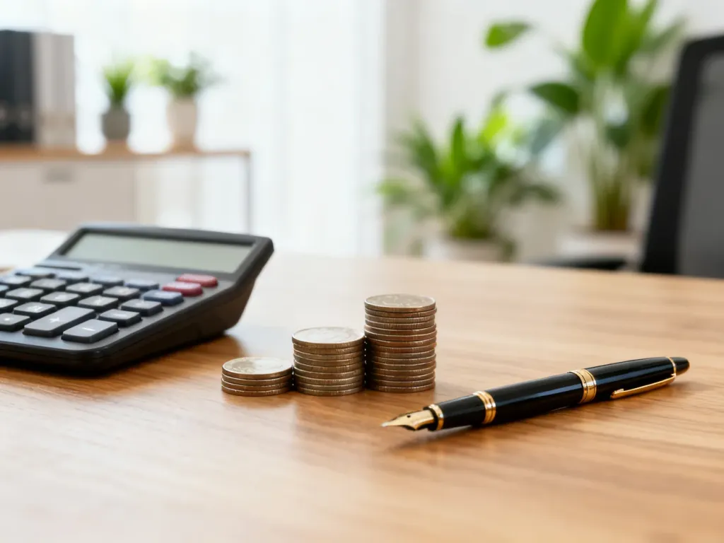 Kalkulator, monety i pióro na biurku, symbolizujące planowanie finansów i obliczanie wynagrodzenia.