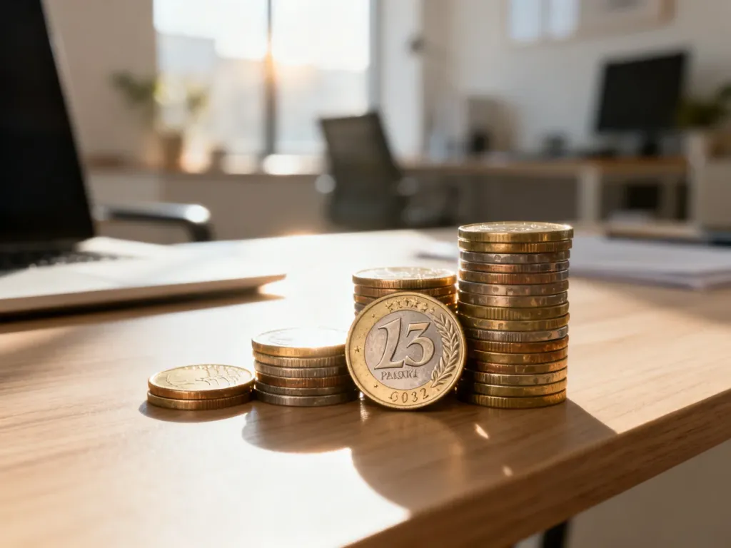 Stos monet euro i złotówek na drewnianym biurku, symbolizujący planowanie finansów i obliczanie wynagrodzenia.
