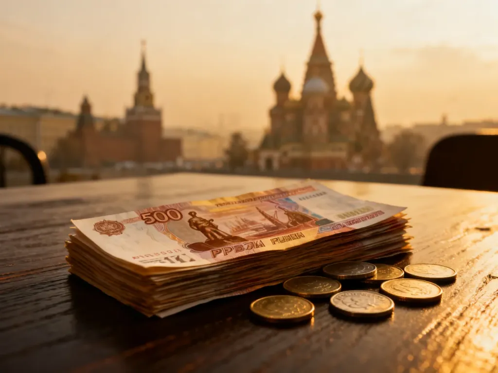 Stos rosyjskich rubli w banknotach i monetach na tle rozmytej panoramy miasta z tradycyjnymi kopułami cerkwi.
