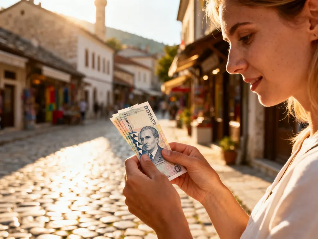 Kobieta trzymająca w dłoniach banknoty marki wymiennej na tle zabytkowej ulicy Sarajewa.