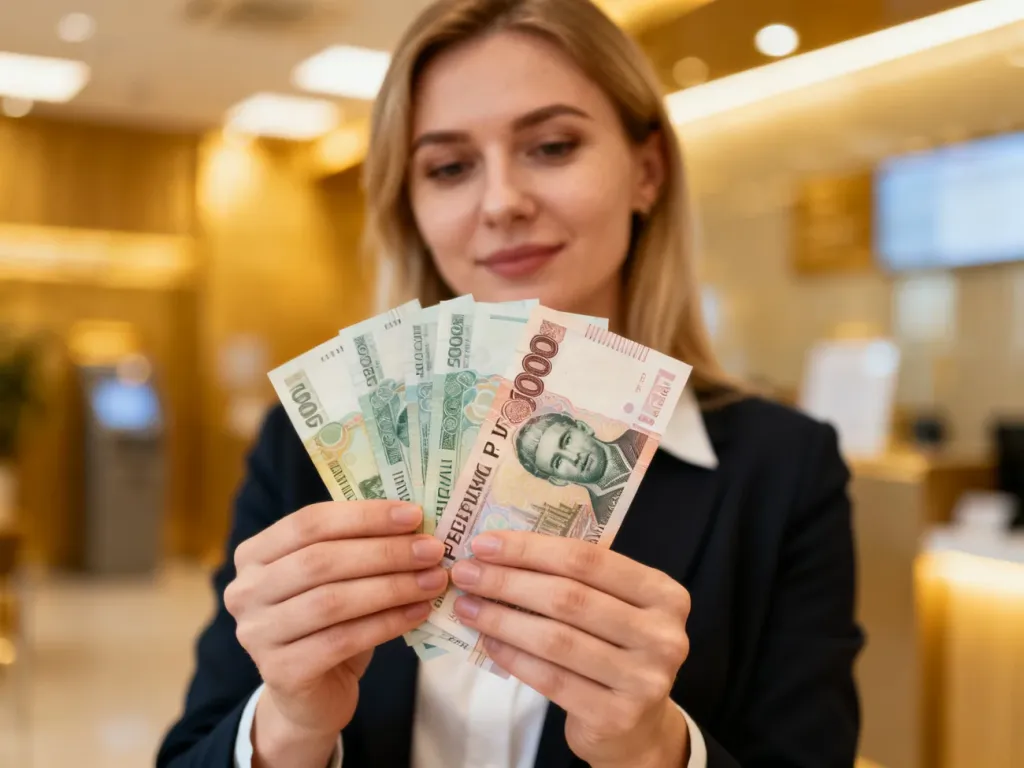 Kobieta trzymająca w dłoniach banknoty rubla białoruskiego na tle nowoczesnego wnętrza banku.