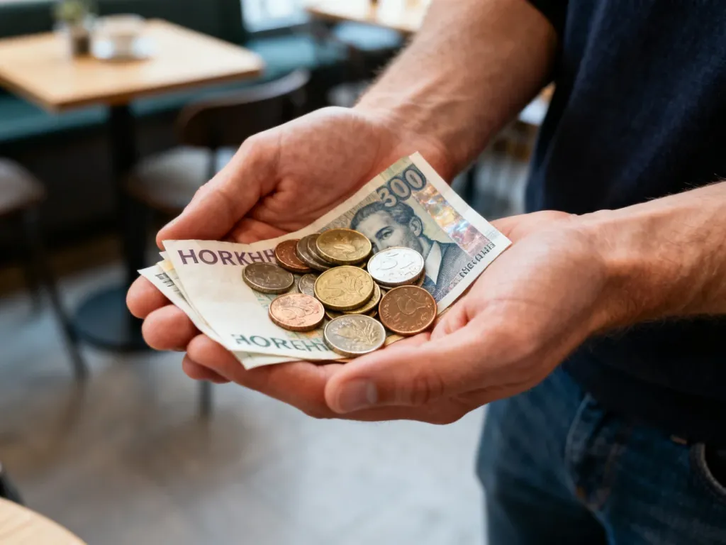 Dłonie trzymające duńskie korony w formie monet i banknotów na tle przytulnej kawiarni w Kopenhadze.
