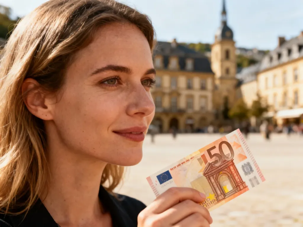 Kobieta trzymająca w dłoni banknot euro na tle zabytkowej architektury Luksemburga.