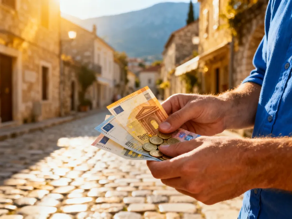Dłonie trzymające banknoty i monety euro na tle zabytkowej uliczki, ilustrujące walutę używaną w Kosowie.