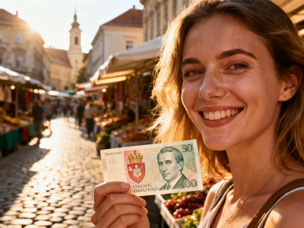 Uśmiechnięta kobieta trzymająca serbskiego dinara na tle klimatycznych uliczek Belgradu.