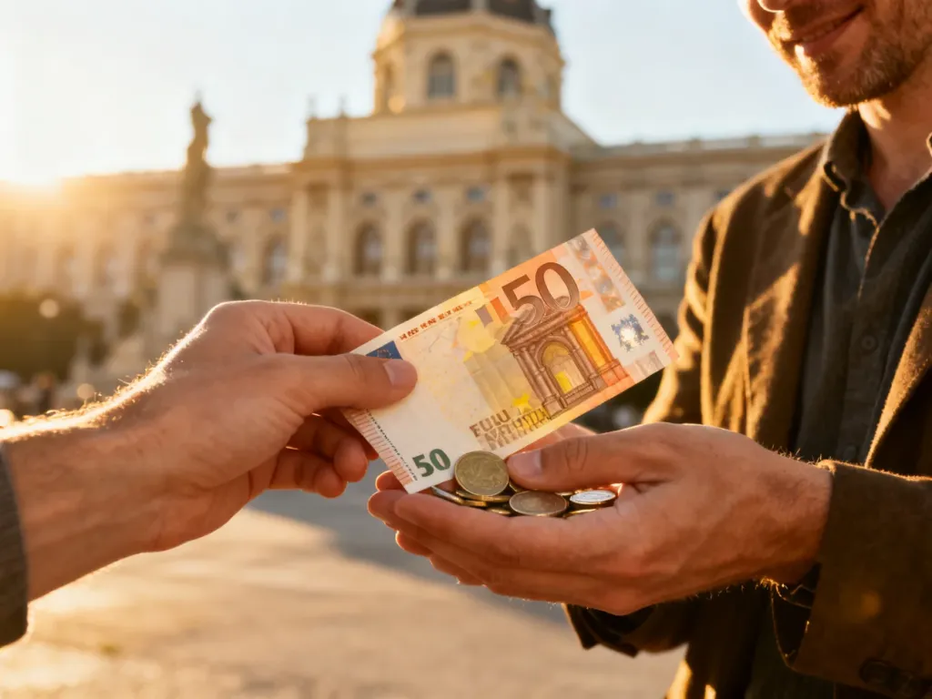 Dłonie trzymające banknoty i monety euro na tle historycznej architektury Wiednia w słoneczny dzień.