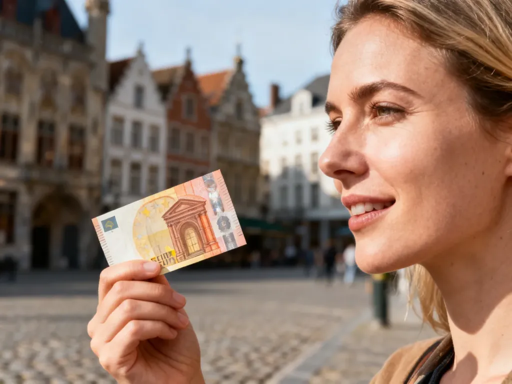 Kobieta trzymająca banknot euro na tle zabytkowej architektury belgijskiego miasta.
