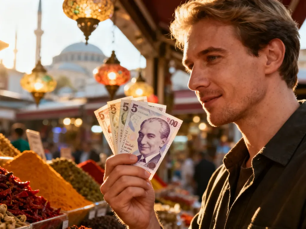 Mężczyzna trzymający w dłoni banknoty liry tureckiej na tle kolorowego bazaru w Stambule.