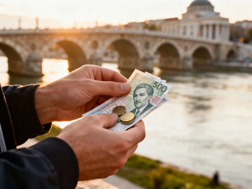 Dłonie trzymające banknoty i monety denara macedońskiego na tle słynnego kamiennego mostu w Skopje.