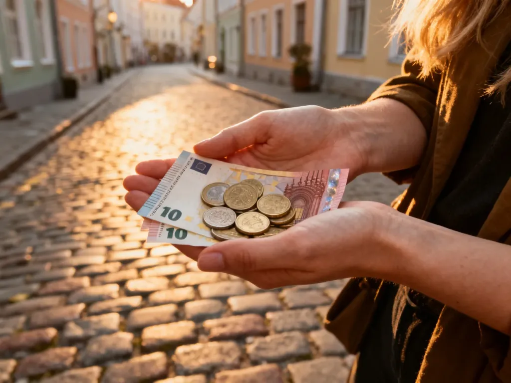 Dłonie trzymające monety i banknoty euro na tle zabytkowej ulicy Tallinna, ilustrujące walutę obowiązującą w Estonii.