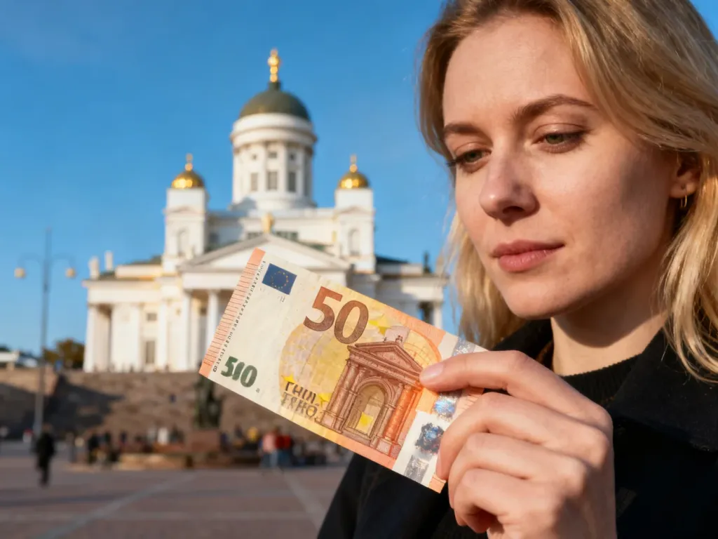 Kobieta trzymająca banknot euro na tle helsińskiej katedry, ilustrująca walutę obowiązującą w Finlandii.