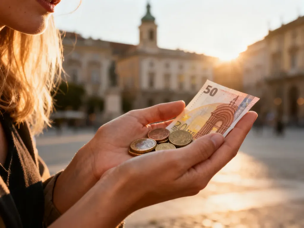 Dłonie trzymające monety i banknoty euro na tle rozmytego europejskiego miasta.