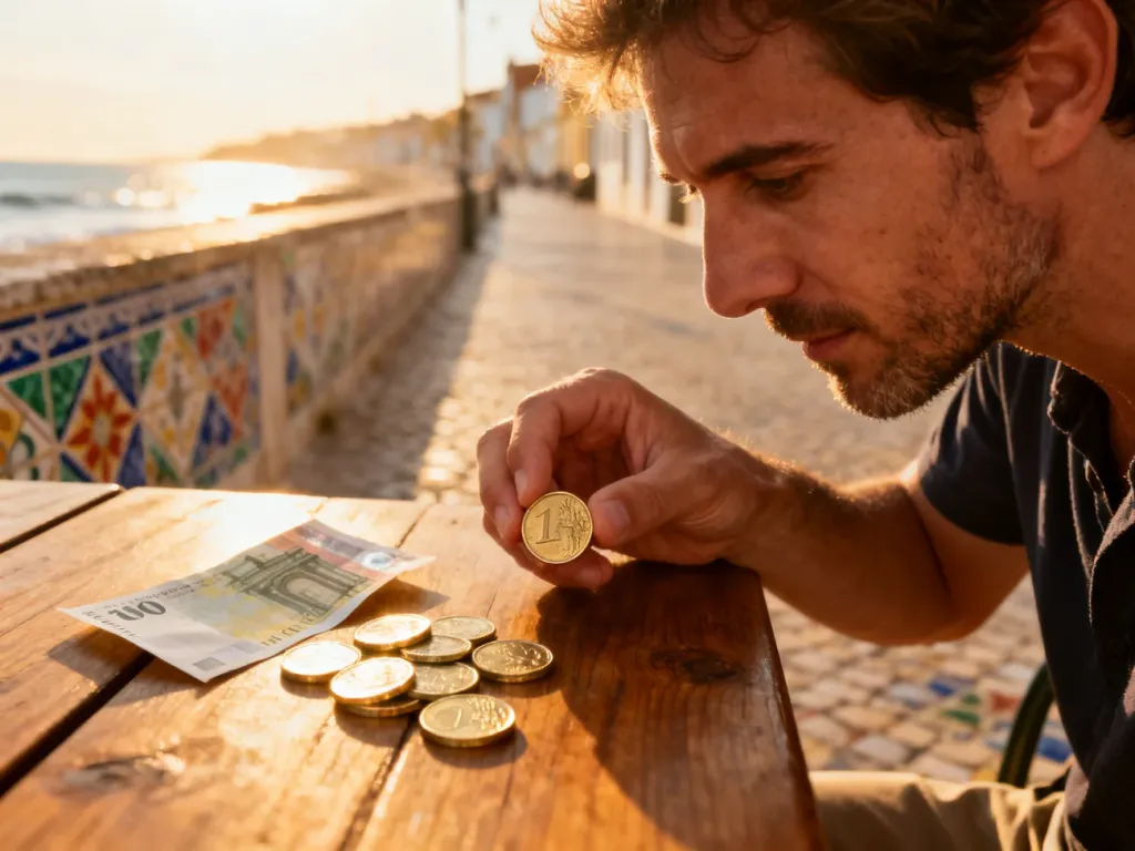 Dłoń trzymająca monetę euro na tle słonecznej portugalskiej ulicy, ilustrująca walutę obowiązującą w Portugalii.