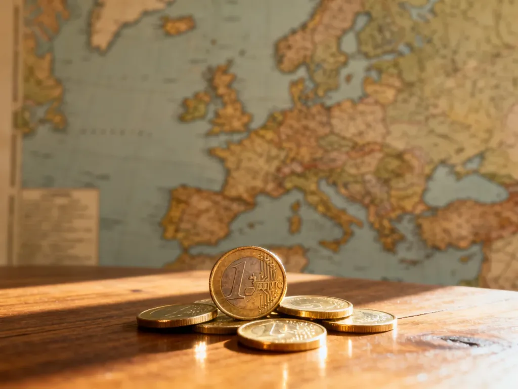 Błyszczące monety euro leżące na drewnianym stole na tle zabytkowej mapy Europy.