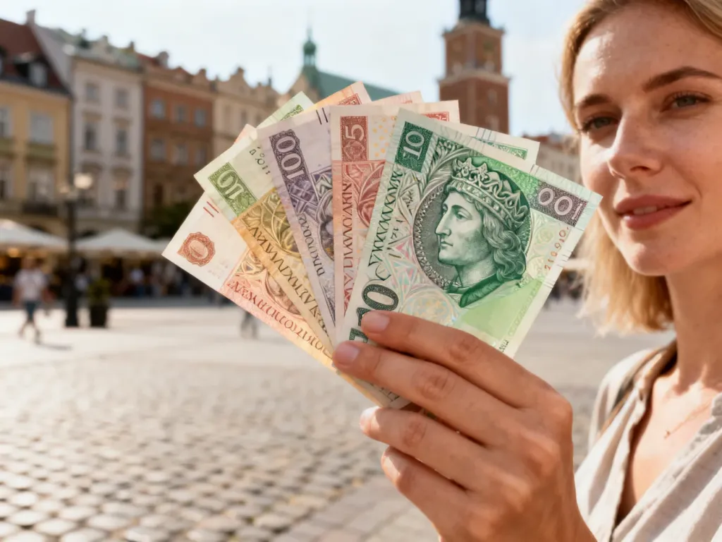 Kobieta trzymająca w dłoni polskie banknoty na tle zabytkowego rynku, ilustrująca temat waluty w Polsce.