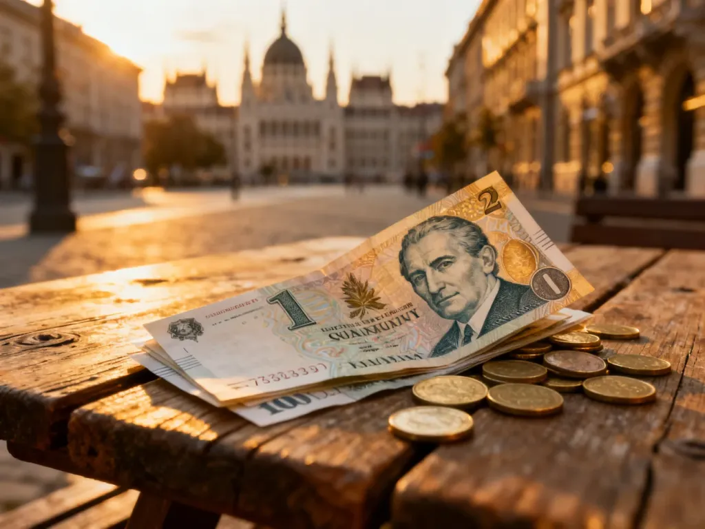 Węgierskie banknoty i monety forintów leżące na drewnianym stole na tle rozmytej panoramy Budapesztu o zachodzie słońca.
