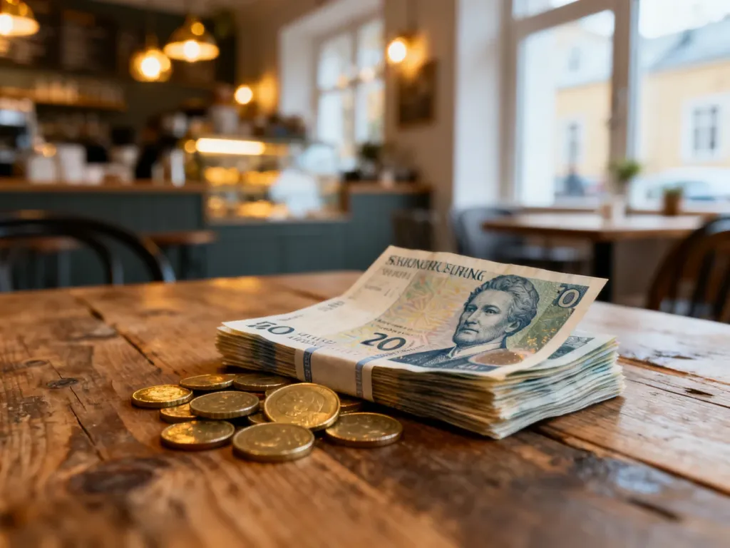 Stos banknotów i monet korony szwedzkiej na drewnianym stole w przytulnej skandynawskiej kawiarni.