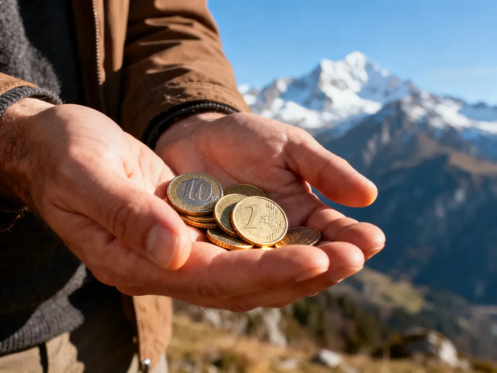 Dłonie trzymające monety euro na tle ośnieżonych szczytów Pirenejów, ilustrujące walutę używaną w Andorze.