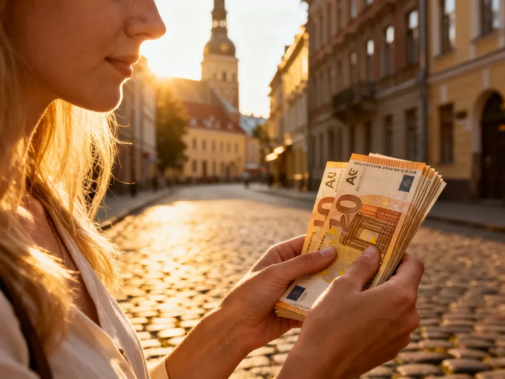 Kobieta trzymająca w dłoniach banknoty euro na tle zabytkowej architektury Rygi w świetle zachodzącego słońca.