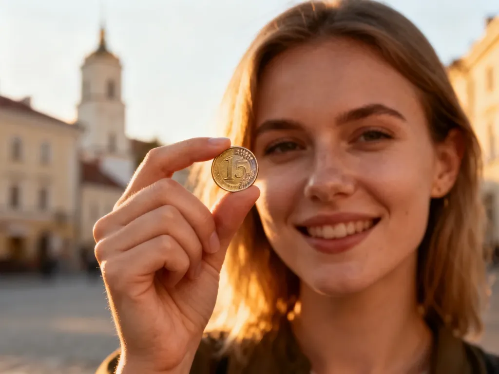 Kobieta trzymająca w dłoni monetę euro na tle architektury wileńskiej starówki.