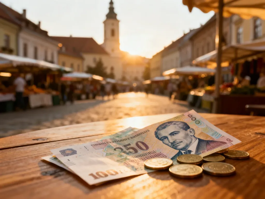 Rumuńskie banknoty i monety leja na drewnianym stole na tle rozmytego, słonecznego targu w rumuńskim mieście.