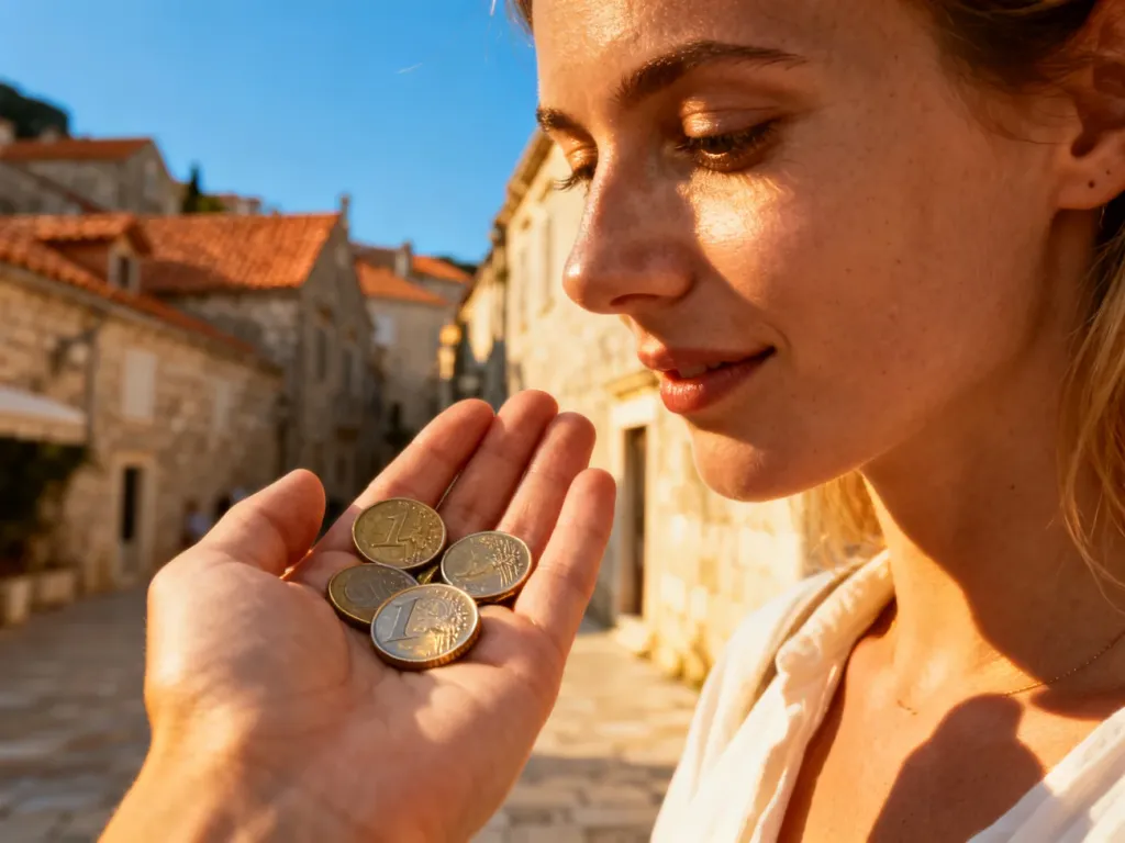 Kobieta trzymająca w dłoni monety euro na tle chorwackiej uliczki, symbolizująca wprowadzenie nowej waluty w Chorwacji.