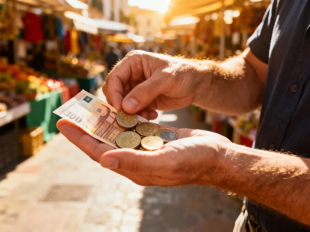 Dłonie trzymające monety i banknot euro na tle słonecznego hiszpańskiego targu.