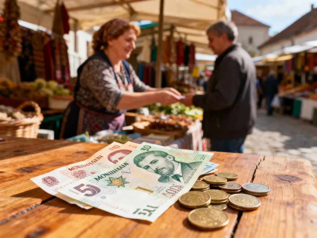 Banknoty i monety mołdawskiego leja na drewnianym stole na tle rozmytego targu w Mołdawii.