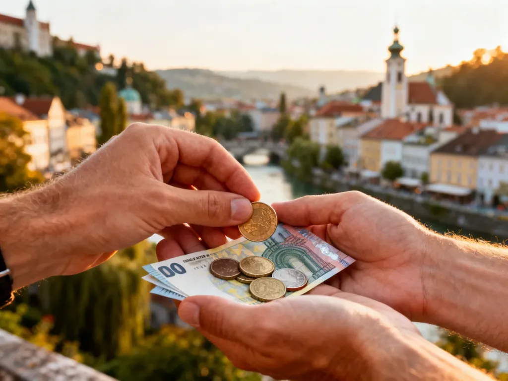 Dłonie trzymające monety i banknoty euro na tle rozmytej panoramy Lublany w świetle zachodzącego słońca.