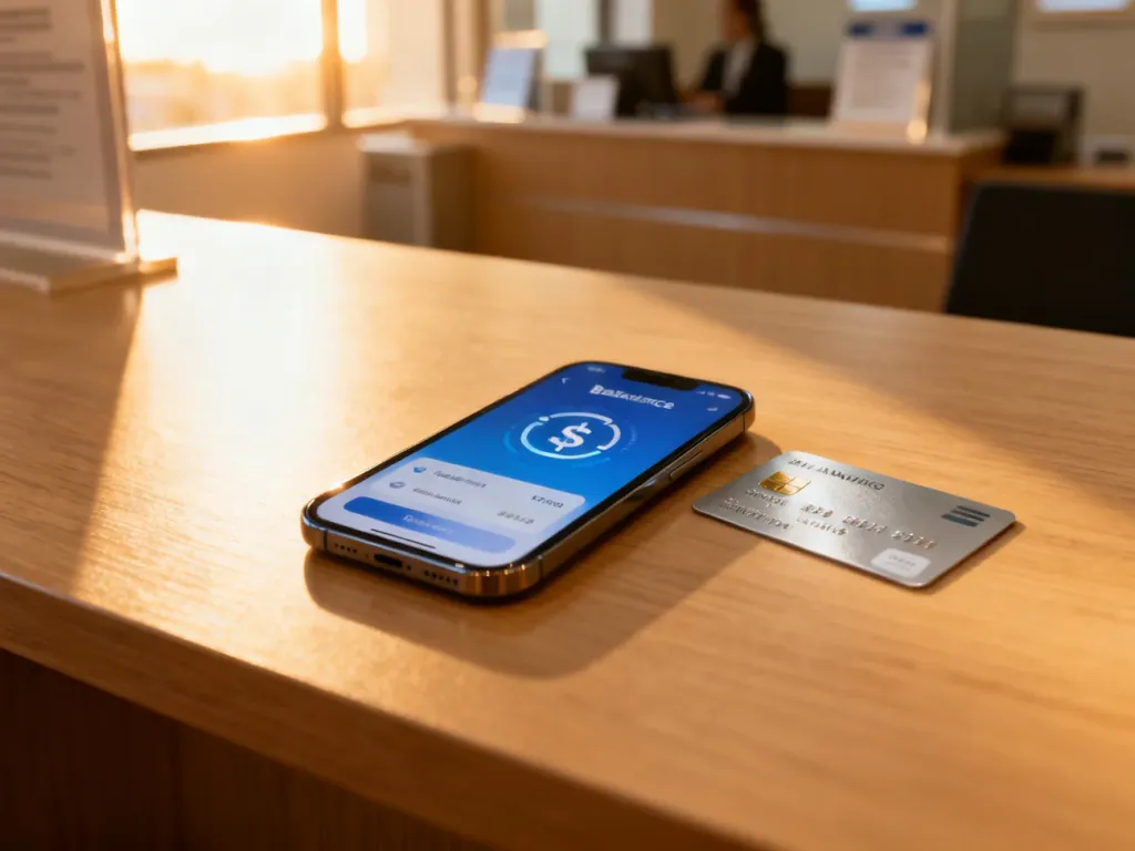 Smartfon z aplikacją bankową i karta płatnicza na biurku, symbolizujące zarządzanie finansami w nowoczesnym banku.