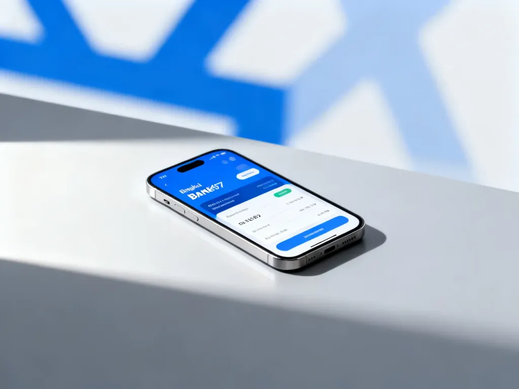Nowoczesny smartfon z otwartą aplikacją bankową na jasnym tle, symbolizujący zarządzanie finansami w aplikacji mobilnej.