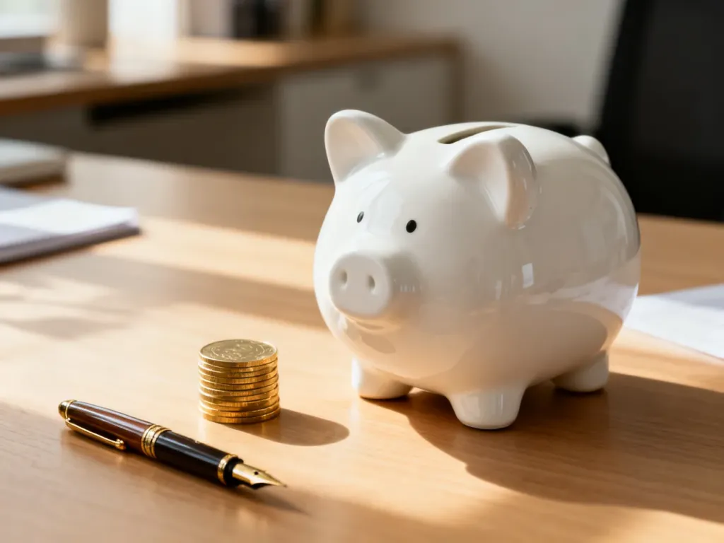Biała skarbonka, monety i pióro na biurku, symbolizujące oszczędzanie pieniędzy i planowanie finansów.