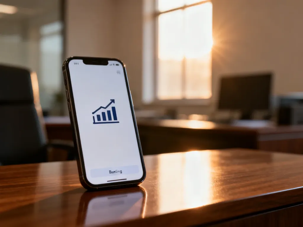 Smartfon z otwartą aplikacją bankową na drewnianym biurku, ułatwiający szybkie sprawdzanie stanu konta.