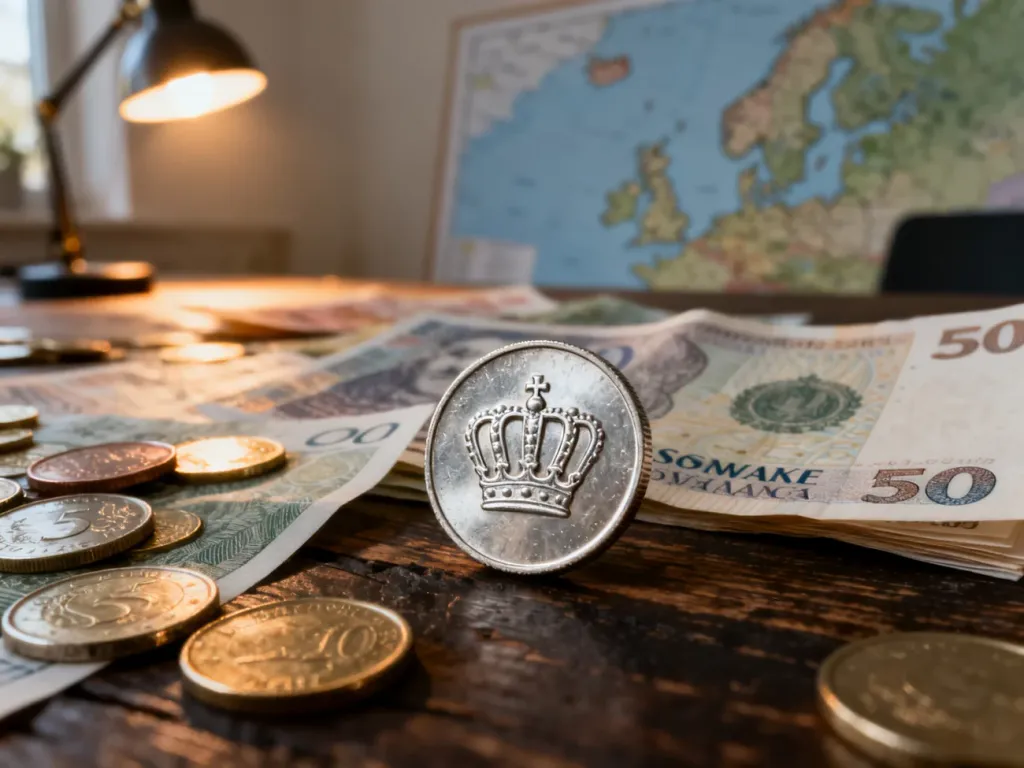 Skandynawskie monety i banknoty rozłożone na drewnianym stole w świetle poranka, symbolizujące waluty krajów nordyckich.