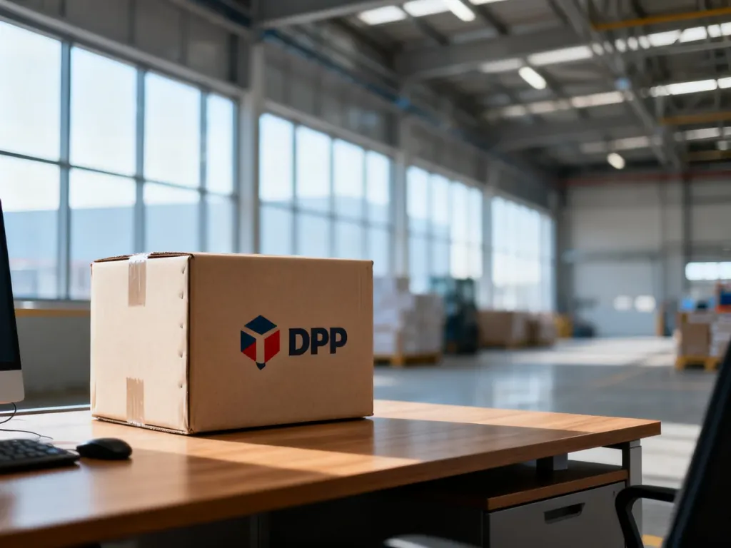 Kartonowa paczka z logo DPD na biurku w biurze, w tle rozmyty widok na nowoczesny magazyn logistyczny.