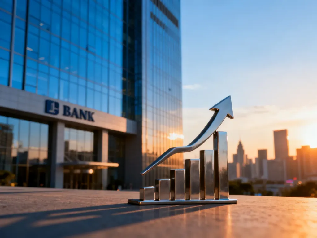 Nowoczesny budynek centrali banku ze szkła i stali oraz rzeźba symbolizująca globalny rozwój finansowy w świetle zachodu słońca.
