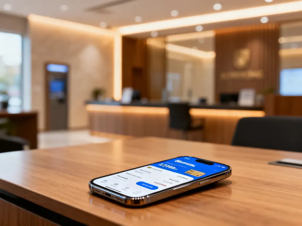 Smartfon z otwartą aplikacją bankową na drewnianym biurku, symbolizujący wygodne zarządzanie środkami z PPK.