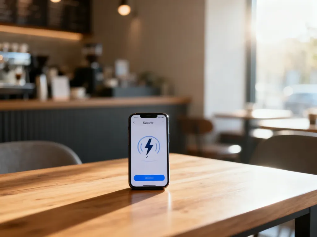 Smartfon z interfejsem płatności zbliżeniowych leżący na drewnianym blacie w kawiarni.