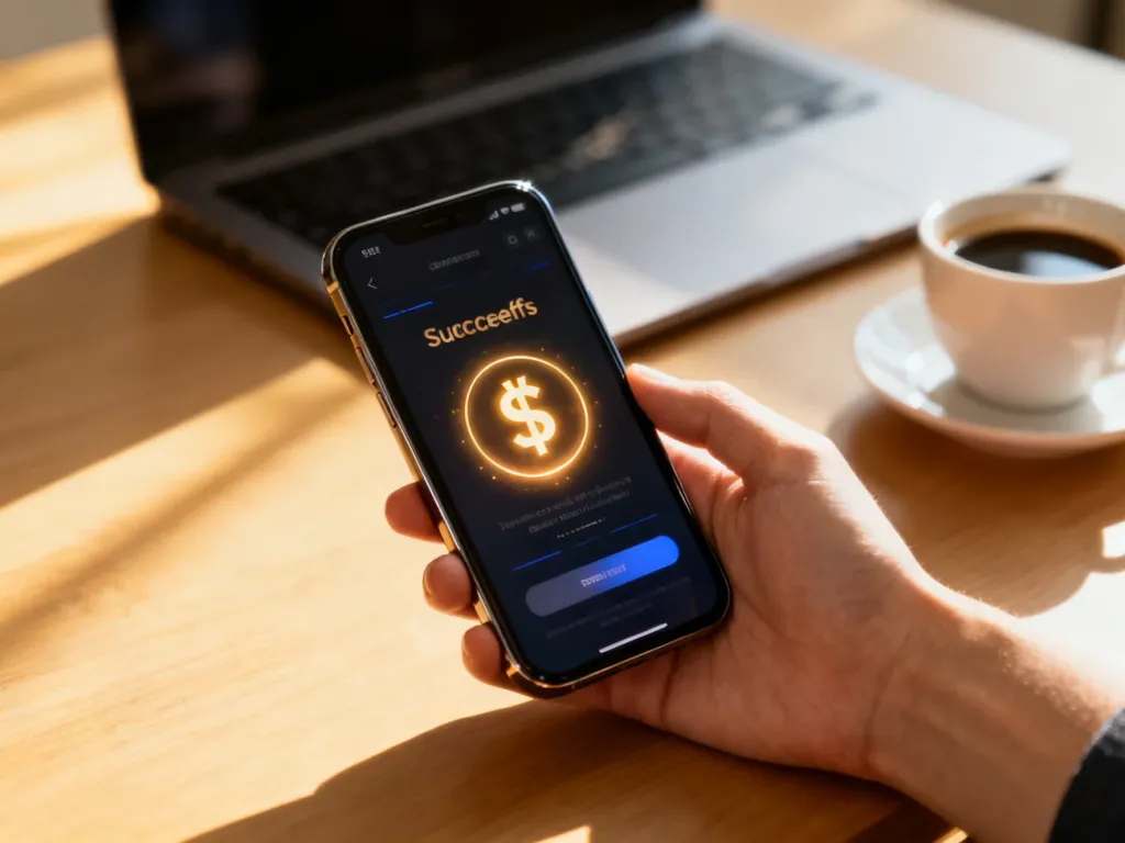 Smartfon z potwierdzeniem udanej transakcji finansowej na ekranie, leżący na biurku w jasnym, nowoczesnym wnętrzu.