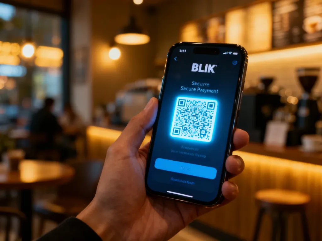 Dłoń trzymająca smartfon z wyświetlonym kodem BLIK na tle przytulnej kawiarni, ilustrująca proces płatności mobilnej.