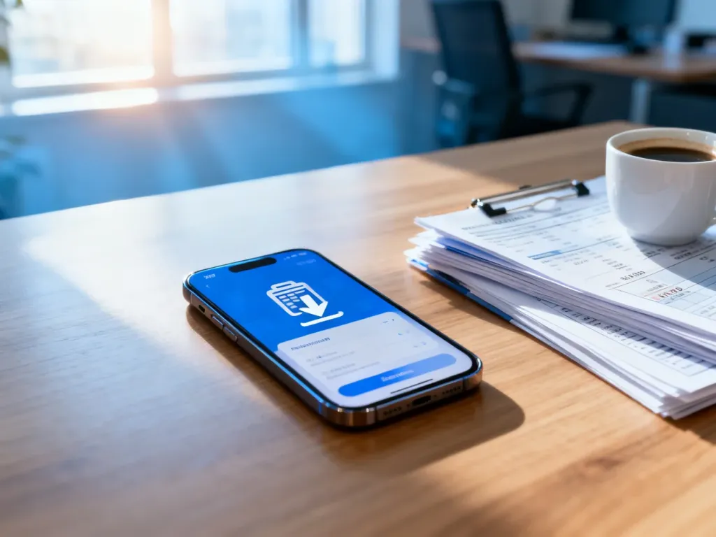 Smartfon z otwartą aplikacją bankową i ikoną pobierania na biurku, obok dokumentów finansowych i kawy.