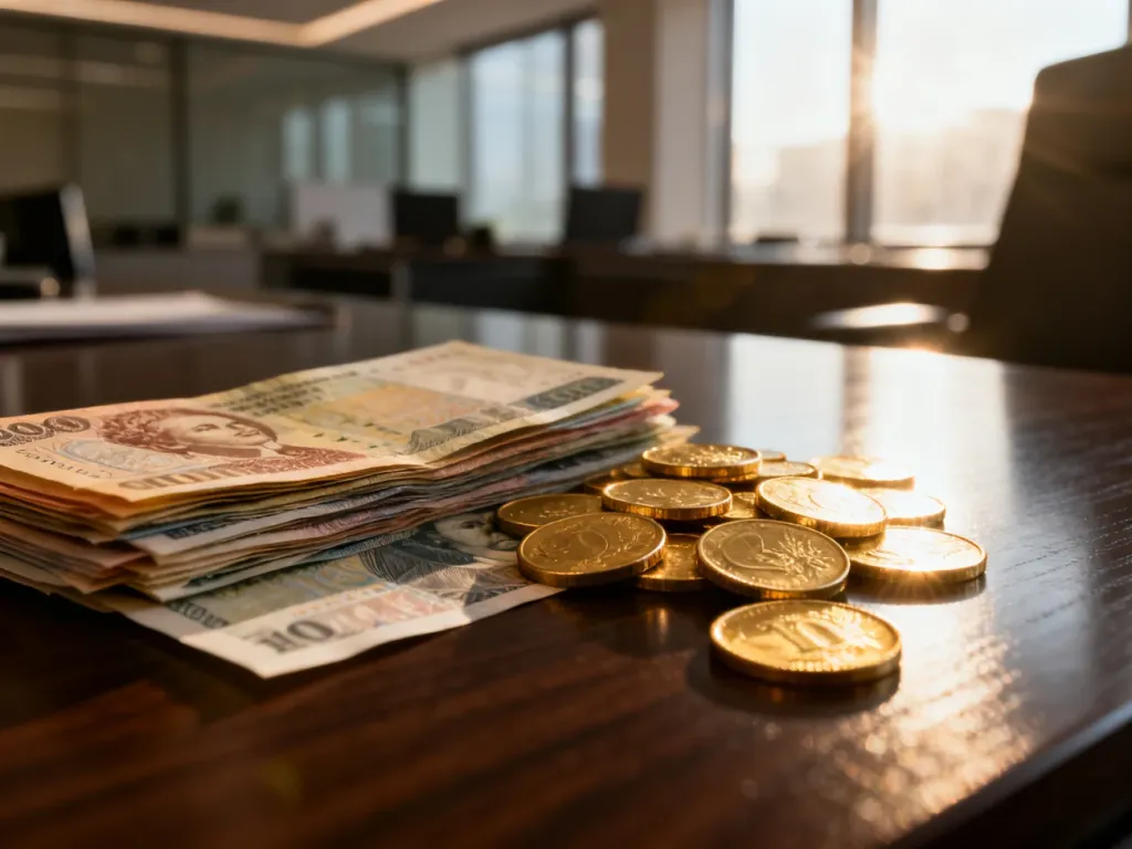 Stos różnych banknotów i złotych monet na drewnianym biurku, symbolizujący wymianę walut w profesjonalnym biurze.