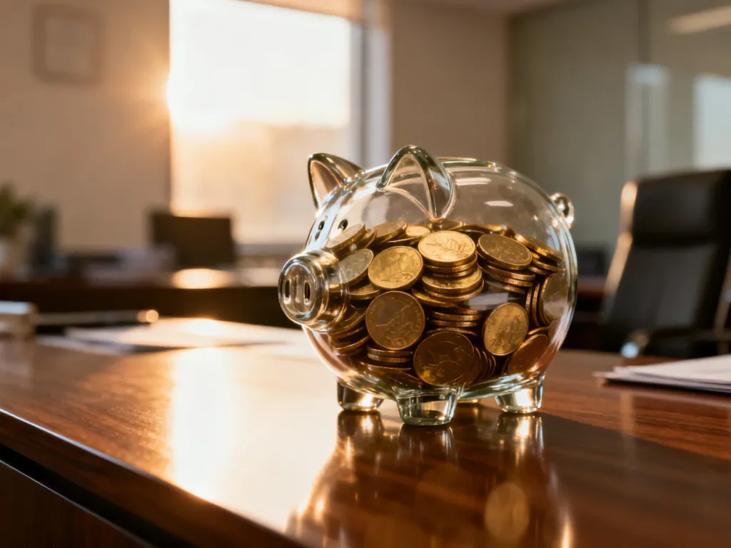 Szklana skarbonka pełna złotych monet na biurku, symbolizująca przejrzyste finanse i zasady opodatkowania przelewów.