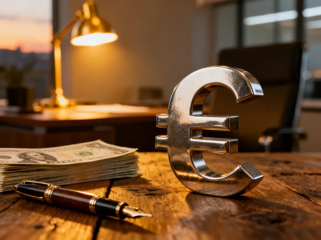 Metalowy symbol waluty na drewnianym biurku obok banknotów i pióra, symbolizujący profesjonalne zarządzanie finansami.