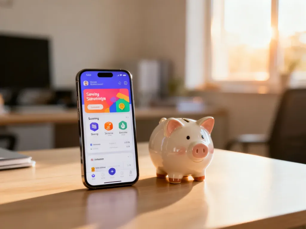 Smartfon z aplikacją finansową i skarbonka na biurku, symbolizujące nowoczesne zarządzanie pieniędzmi przez dziecko.
