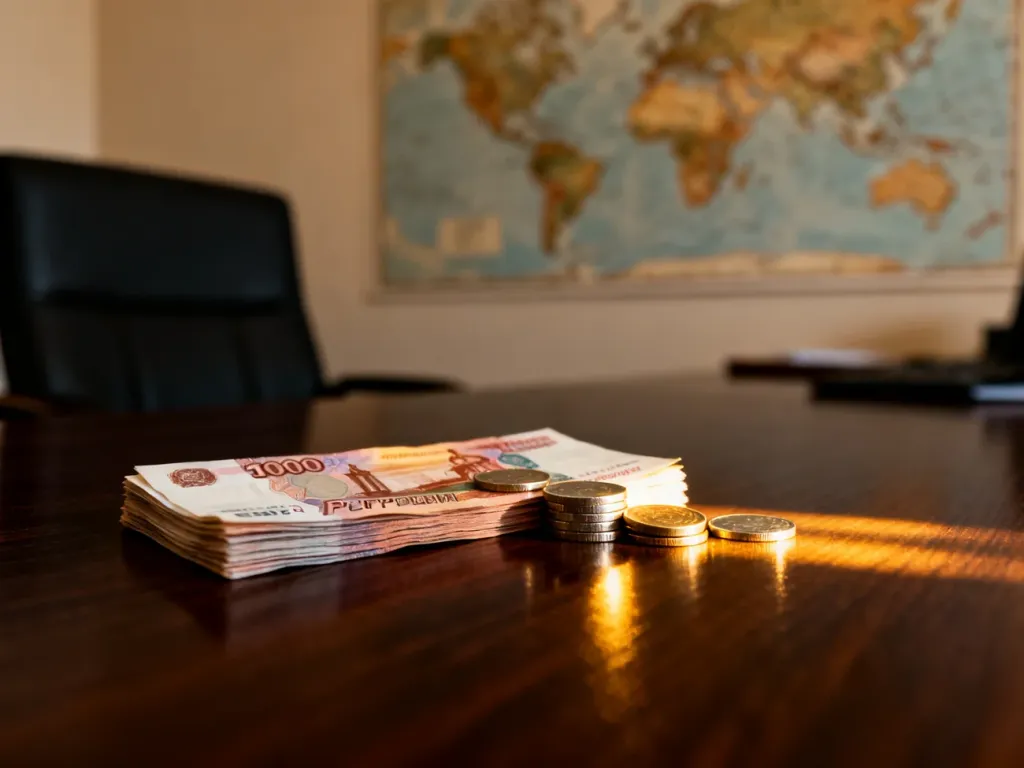 Stos banknotów i monet rubla rosyjskiego na drewnianym biurku na tle rozmytej mapy świata.