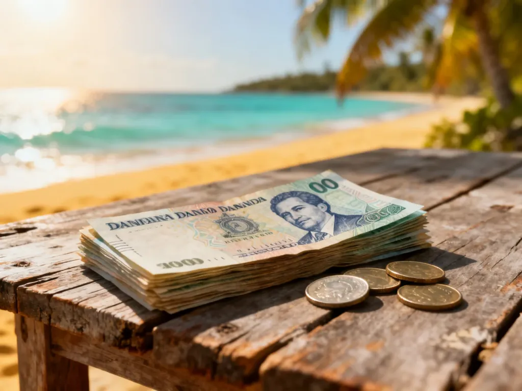 Stos banknotów i monet peso dominikańskiego na tle piaszczystej plaży i turkusowego morza.