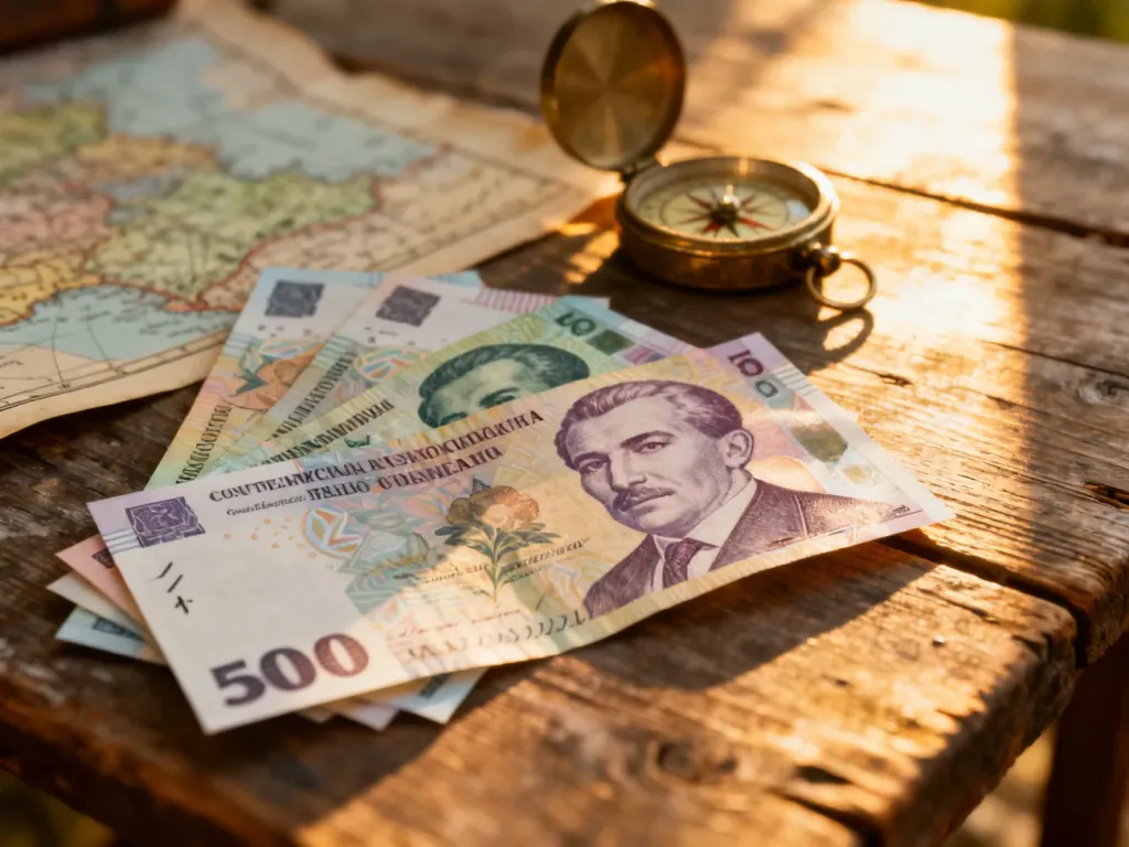 Rumuńskie banknoty leja na drewnianym stole w otoczeniu mapy i kompasu, podkreślające podróżniczy charakter waluty.