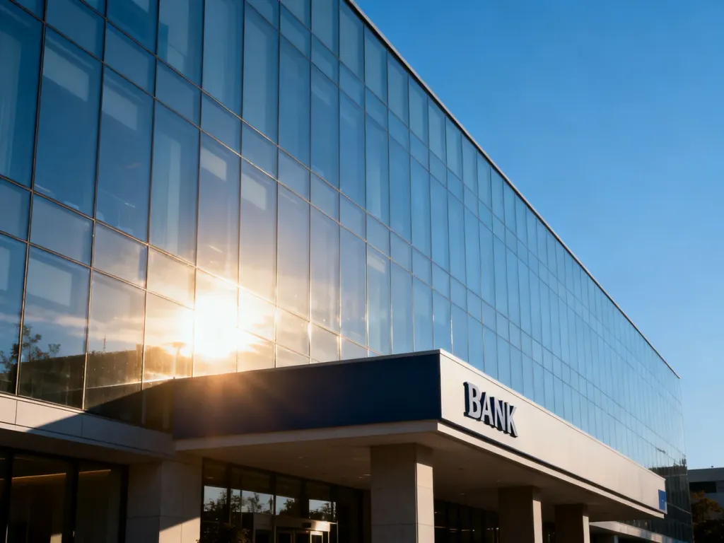 Nowoczesny budynek banku z przeszkloną fasadą w świetle poranka, symbolizujący profesjonalizm i stabilność finansową.