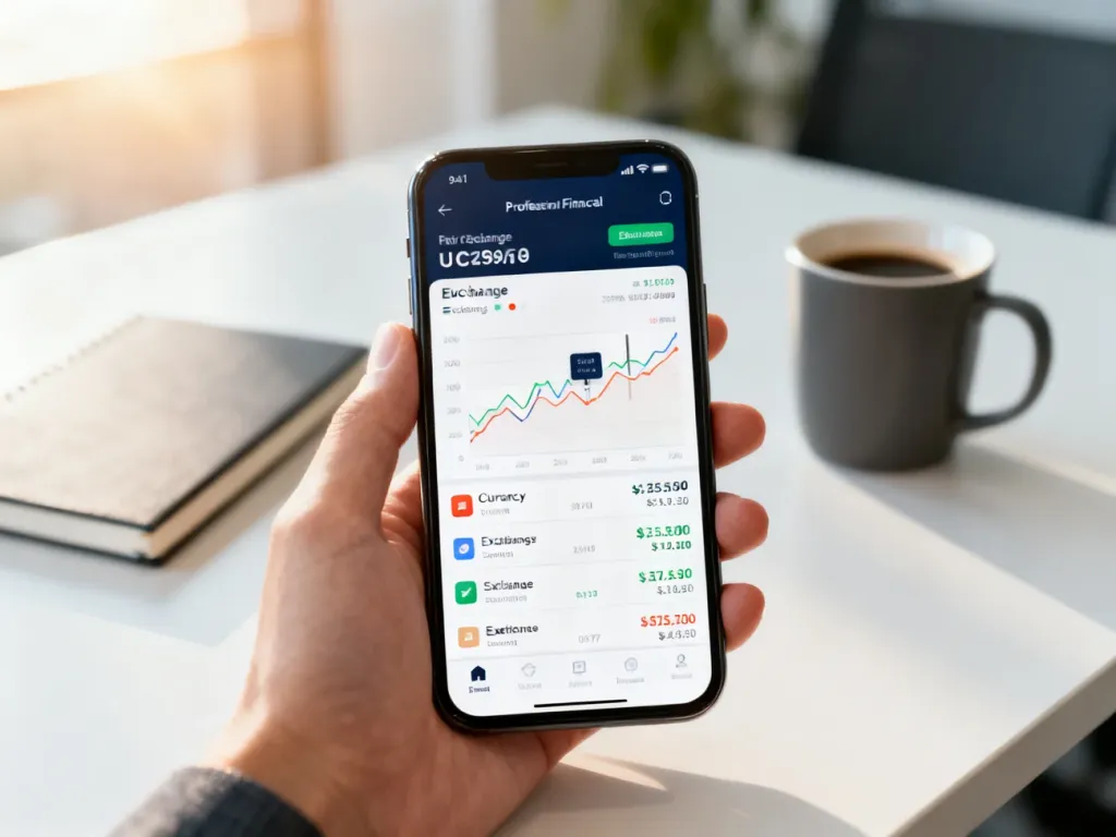 Dłoń trzymająca smartfon z otwartą aplikacją finansową prezentującą wykresy i aktualne kursy walut.